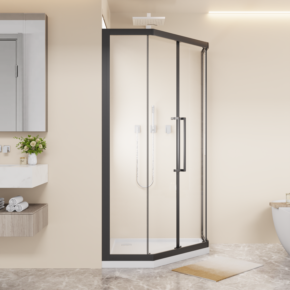 Neo-Angle Sliding Shower Enclosure 36"x72", 1/4" Clear Tempered Glass Diamond Shaped Shower Door, Double Rollers & Stainless Steel Handles, Black