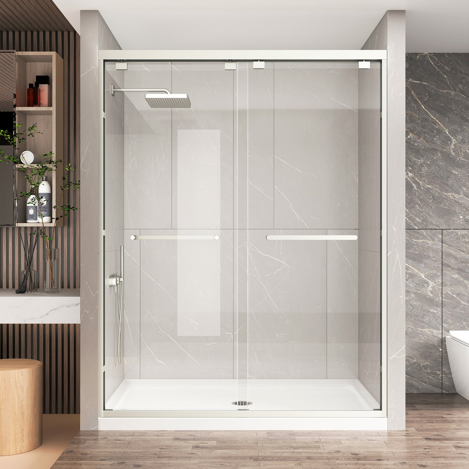 KPUY Double Sliding Glass Shower Door, 76" H, 1/4" Tempered Glass, Brushed Nickel