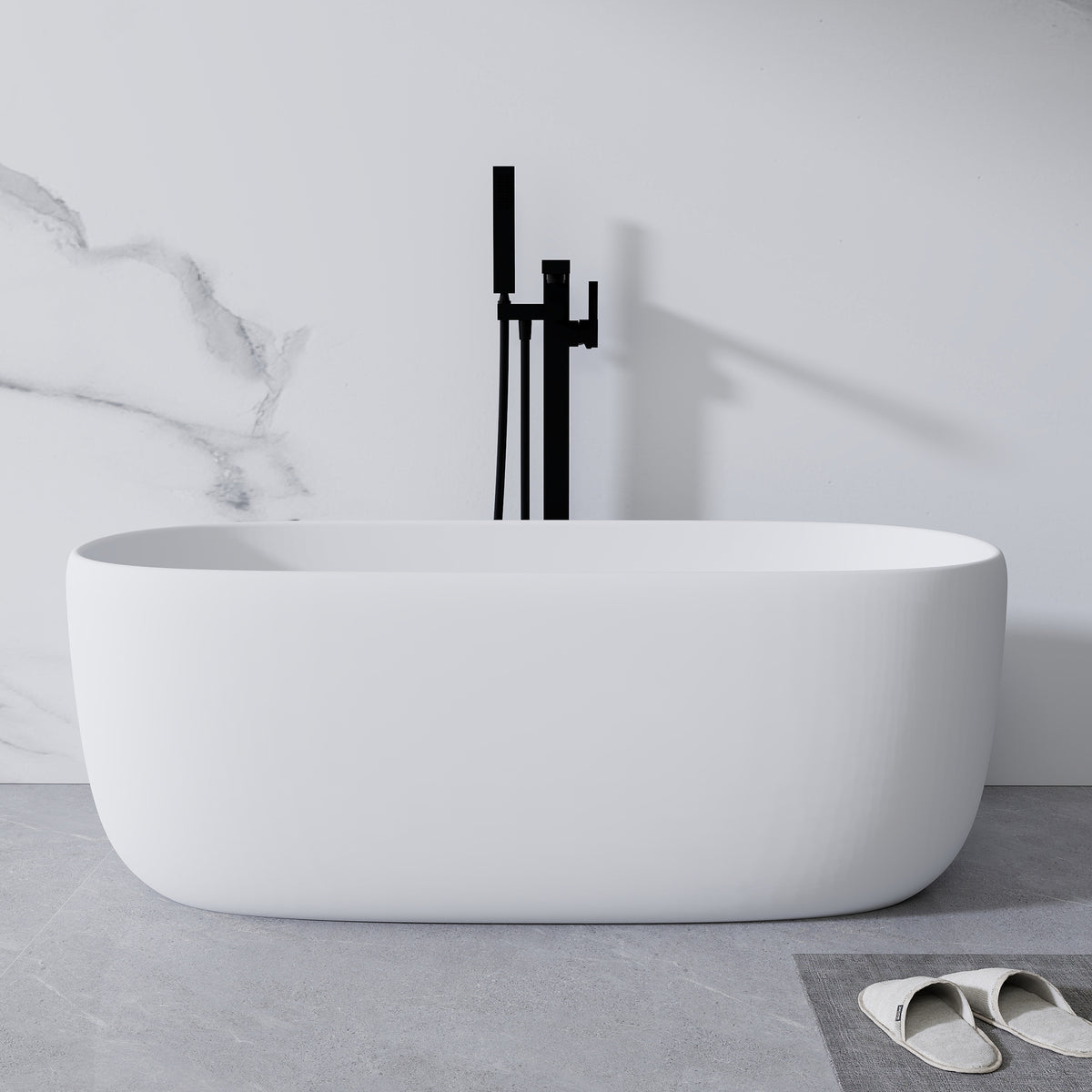 51'' Freestanding Bathtub Resin Stone Soaking Bathtub Solid Surface Modern Tubs with Overflow and Pop-up Drain in White/2130380