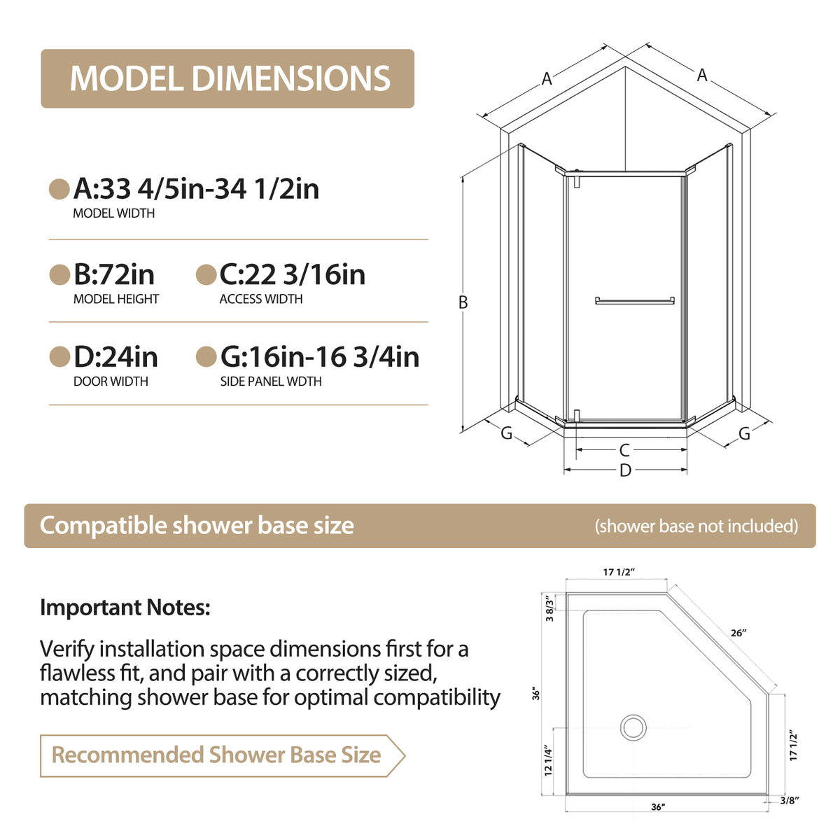36"D X 36"W X 72"H Neo-Angle Shower Door, Corner Shower Door, 1/4" Tempered Glass With Explosion-Proof Film, Chrome Stainless Steel Frame