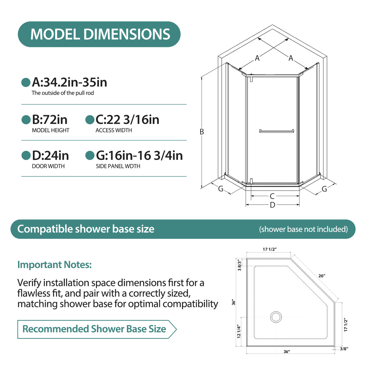 36"D X 36"W X 72"H Neo-Angle Shower Door, Corner Shower Door, 1/4" Tempered Glass With Explosion-Proof Film, Black Stainless Steel Frame