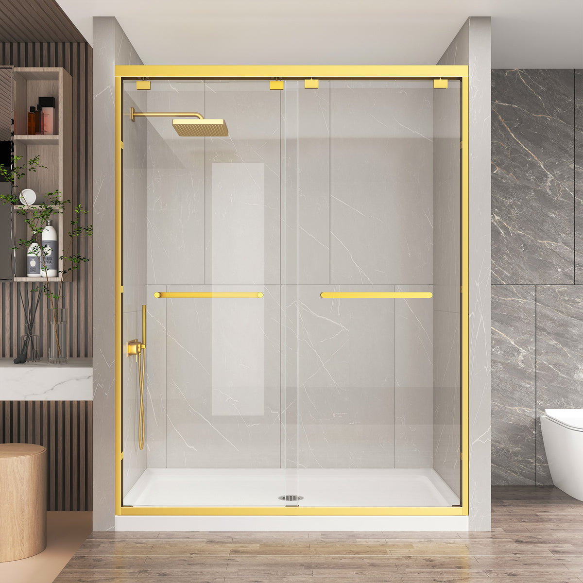 KPUY Double Sliding Glass Shower Door, 76" H, 1/4" Tempered Glass, Brushed Gold