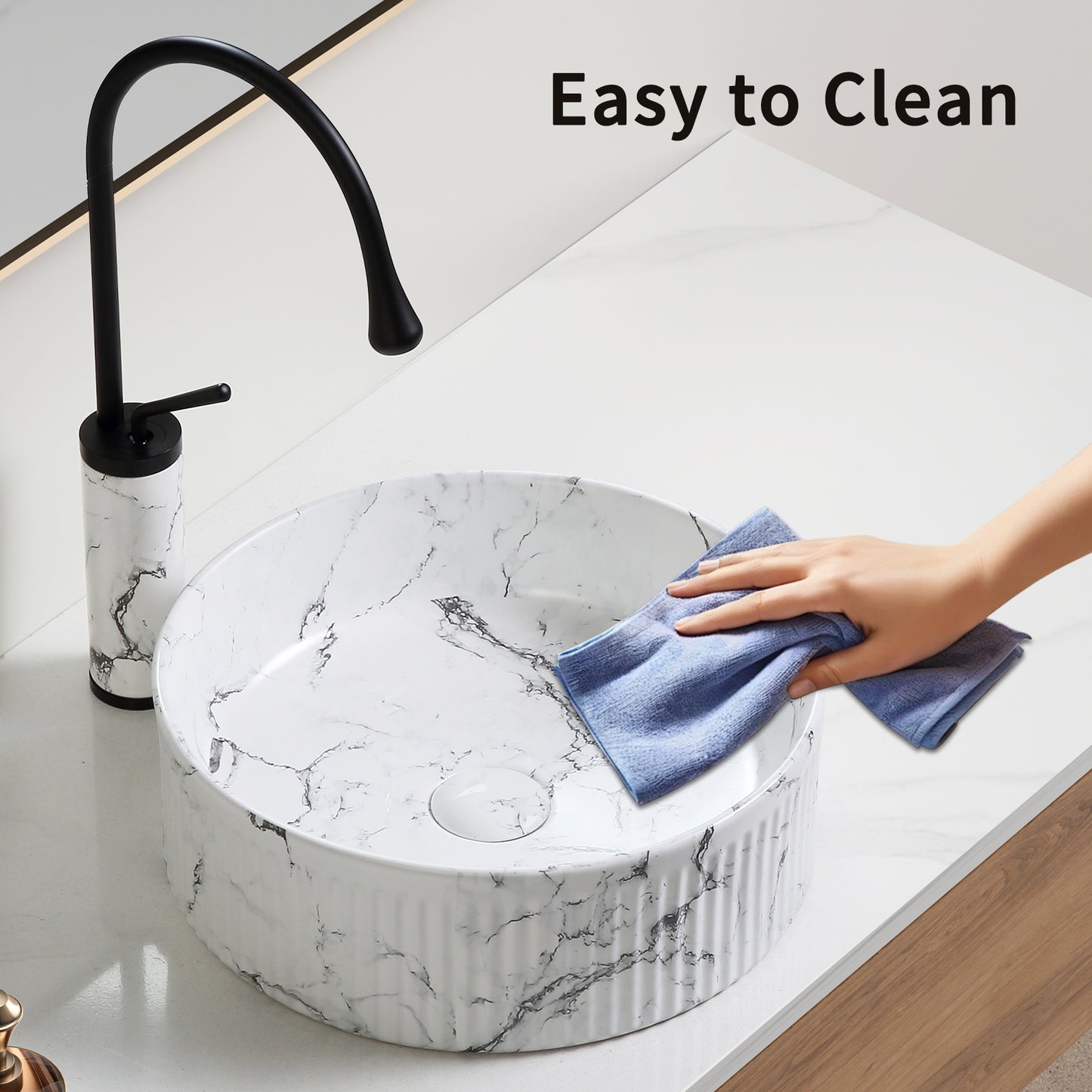 KPUY 15" Round Vessel Sink Set with Faucet & Drain | Black & White Marble Ceramic