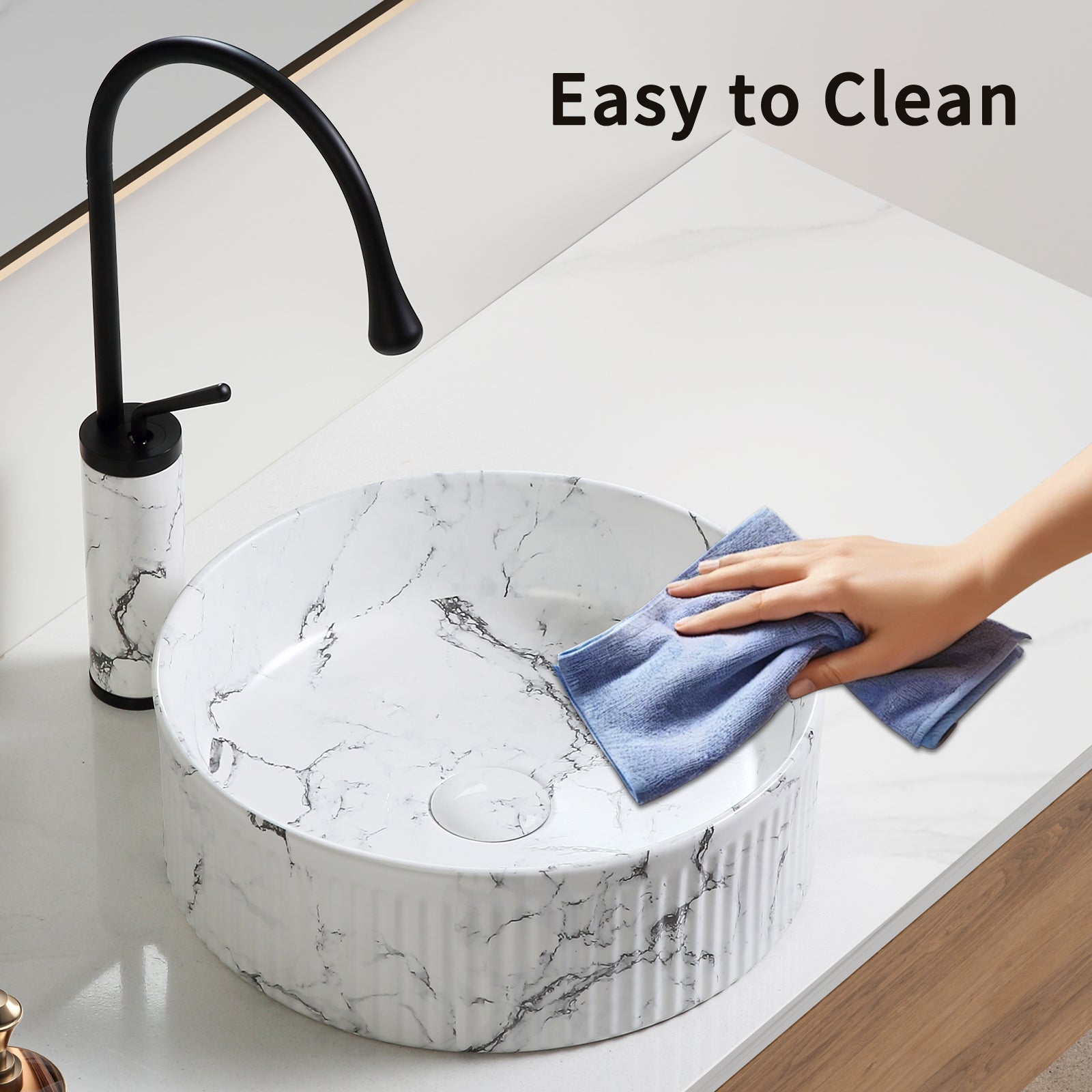 KPUY 15" Round Vessel Sink Set with Faucet & Drain | Black & White Marble Ceramic