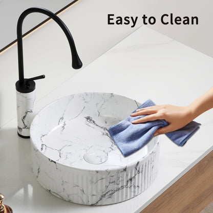 KPUY 15" Round Vessel Sink Set with Faucet & Drain | Black & White Marble Ceramic