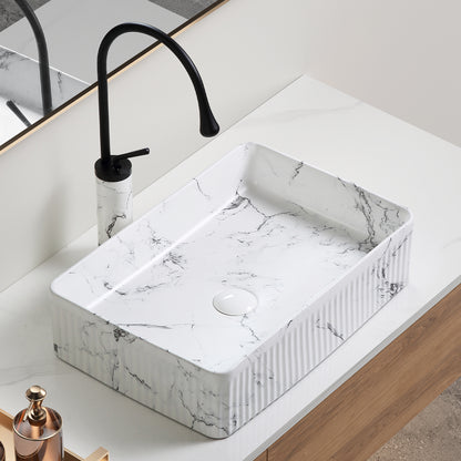 KPUY 20" x 13.5" Vessel Sink Set with Art Faucet | Black & White Marble Ceramic