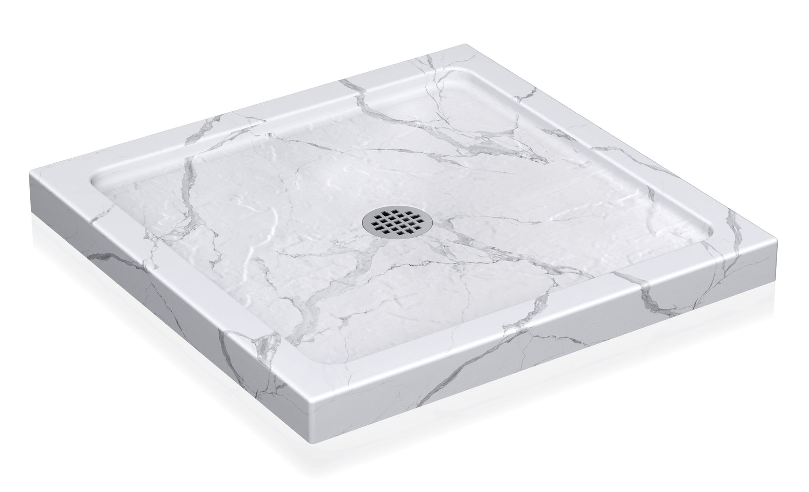 KPUY Square Acrylic/ABS Shower Base Pan with Center Drain, Carrara White Stone-Look