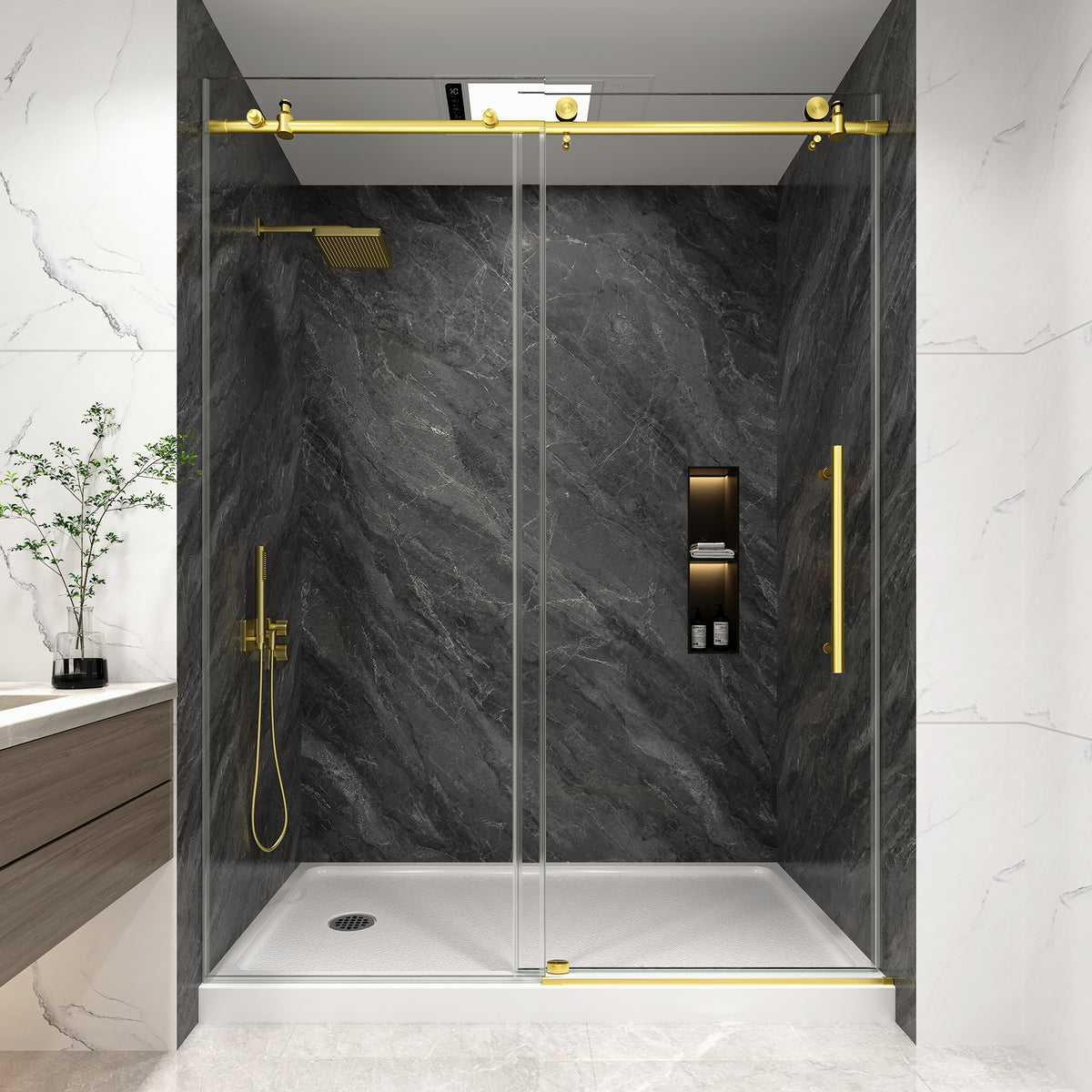 KPUY Frameless Sliding Shower Door, 1/4" Tempered Glass, Brushed Gold – 76" H