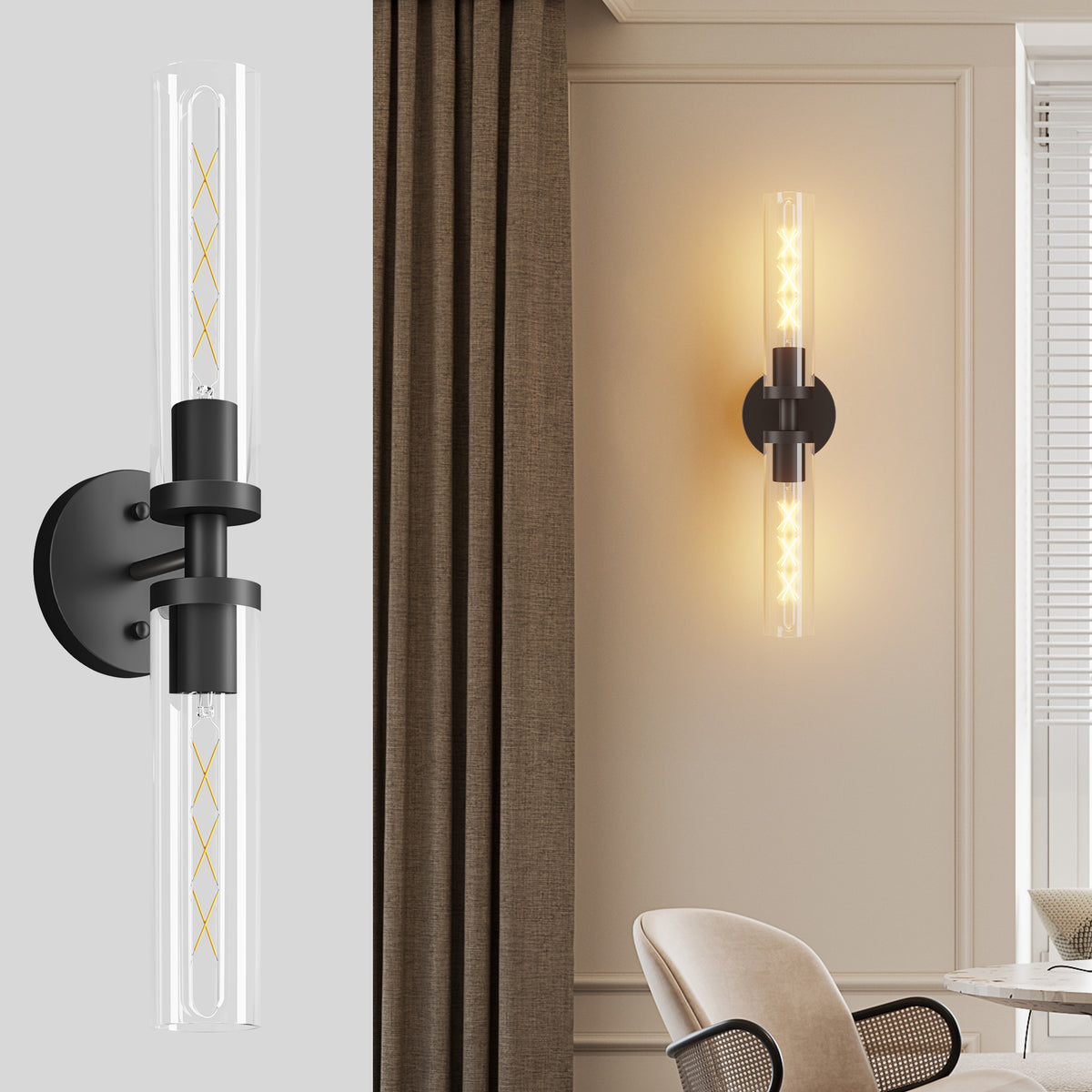 Wall Sconces Set of Two, Hardwired Matte Black Bathroom Sconces Wall Lighting with Clear Glass, Modern Sconces Wall Decor Set of 2 Wall Light fixtures for Bathroom Mirror Hallway (Bulbs Not Included)