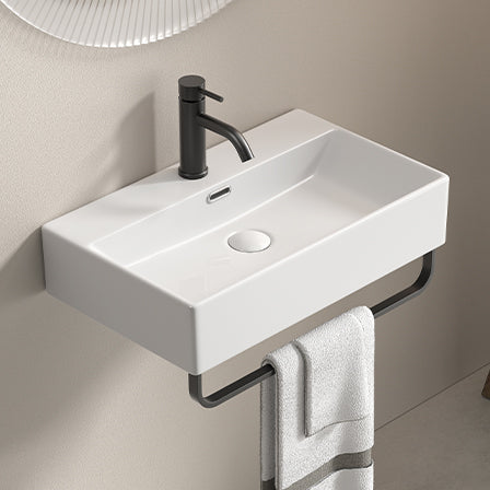 KPUY Wall-Mounted Bathroom Sink with Towel Bar | White Ceramic Floating Vessel | Available in 20" & 24"
