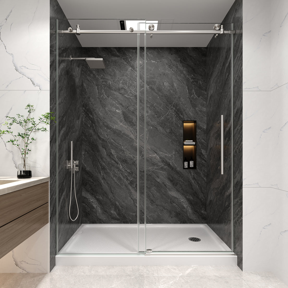 KPUY Frameless Sliding Shower Door, 1/4" Tempered Glass, Brushed Nickel – 76" H