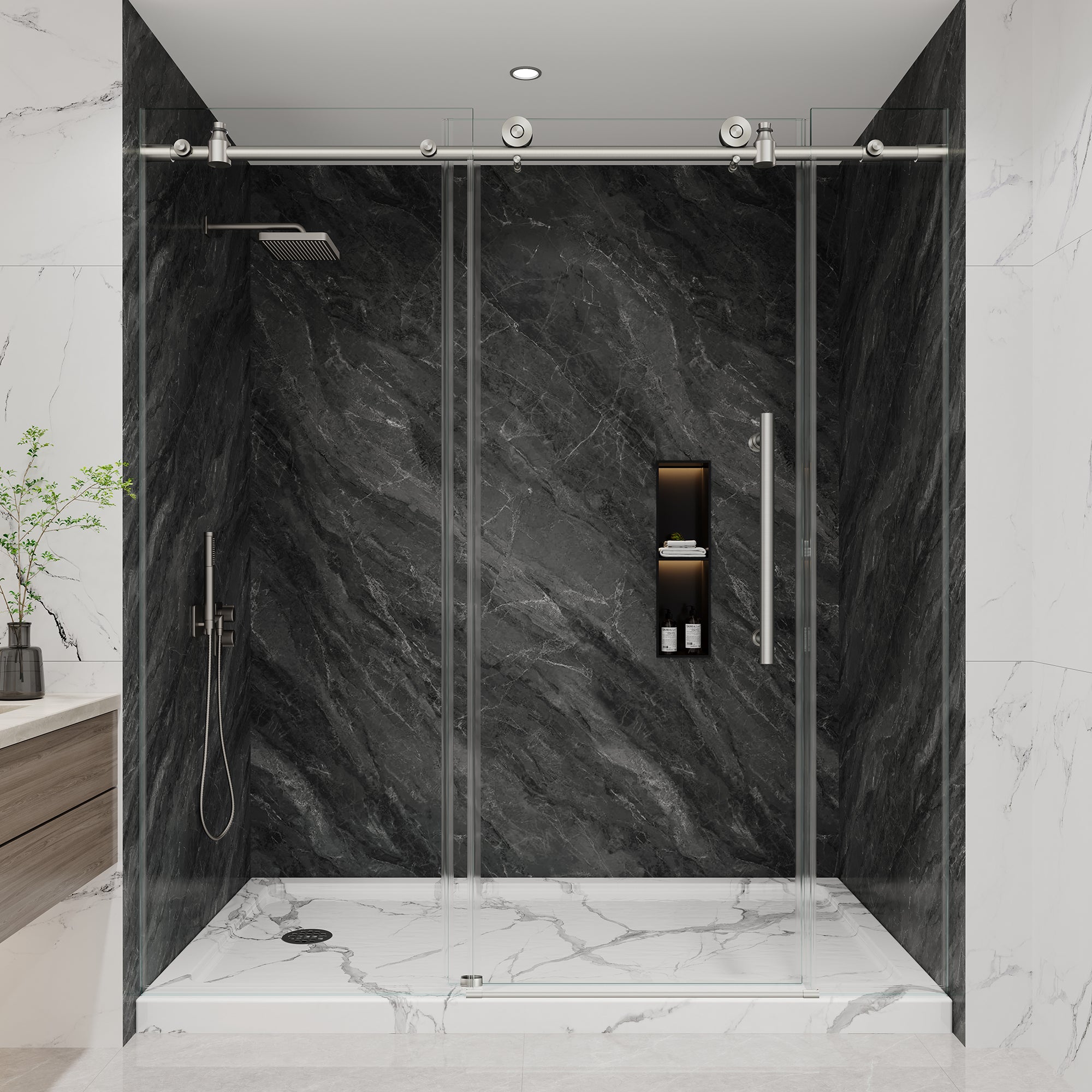 KPUY Frameless Sliding Shower Door, 1/4" Tempered Glass, Brushed Nickel – 76" H