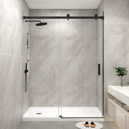 KPUY S9711A Frameless Shower Door, 56-60" W x 76" H Sliding Glass Shower Door, 1/4" (6mm) Thick Tempered Clear Glass with Explosion-Proof Film Nano Coating in Matte Black Finish