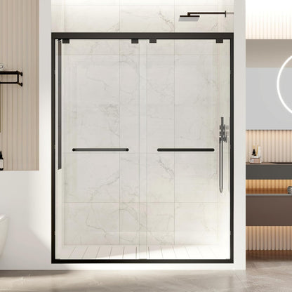 Shower Doors, 56-60" W x 76" H Semi Frame Double Sliding Glass Shower Door, 1/4" (6mm) Clear SGCC Tempered Glass with Explosion-Proof Film, Matte Black