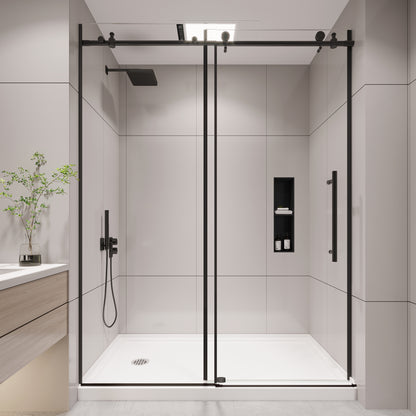 KPUY S9811 Frameless Shower Door, 56-60" W x 76" H Sliding Glass Shower Door, 1/4" (6mm) Thick Tempered Clear Glass with Explosion-Proof Film Nano Coating, Stainless Steel Hardware, Matte Black