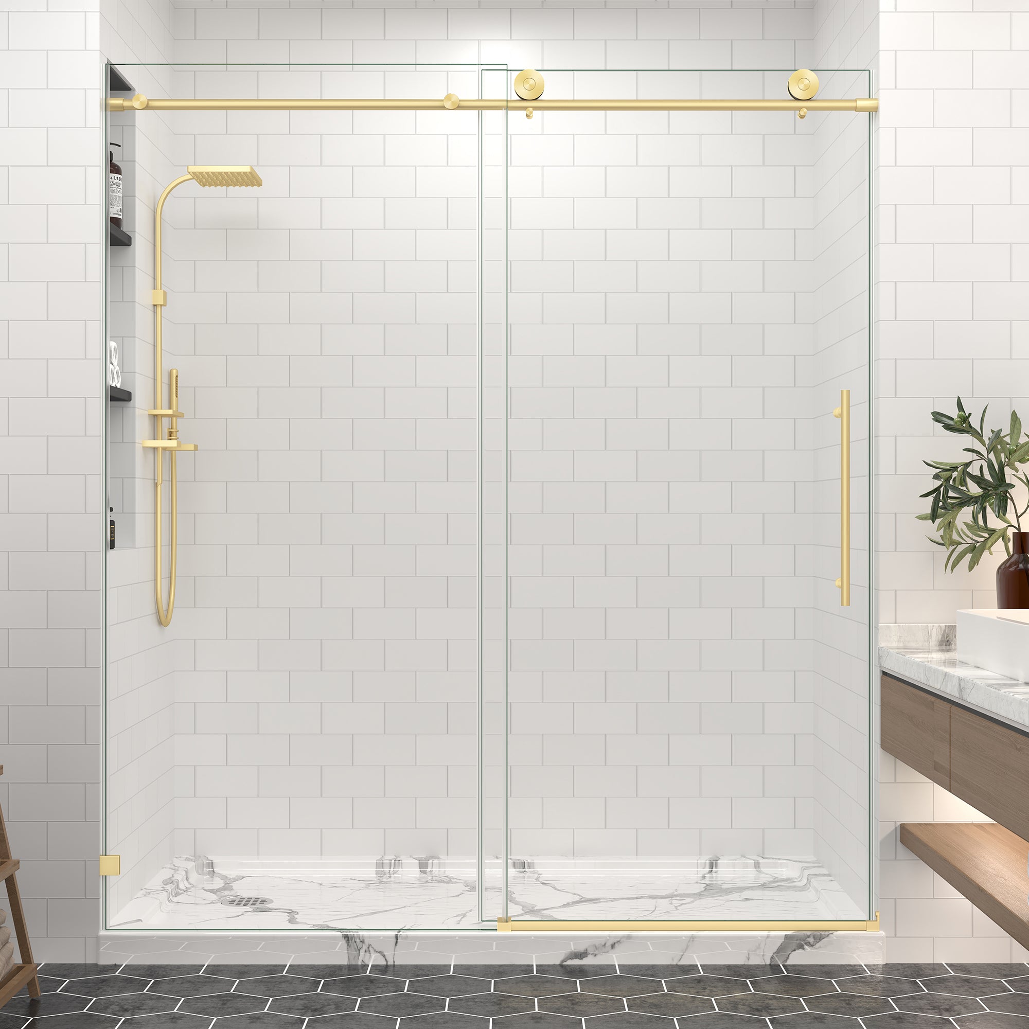 55–60, 61–65 & 67–72 in. W x 76 in. H Frameless Sliding Shower Door, 5/16 in. Clear Glass – Brushed Gold