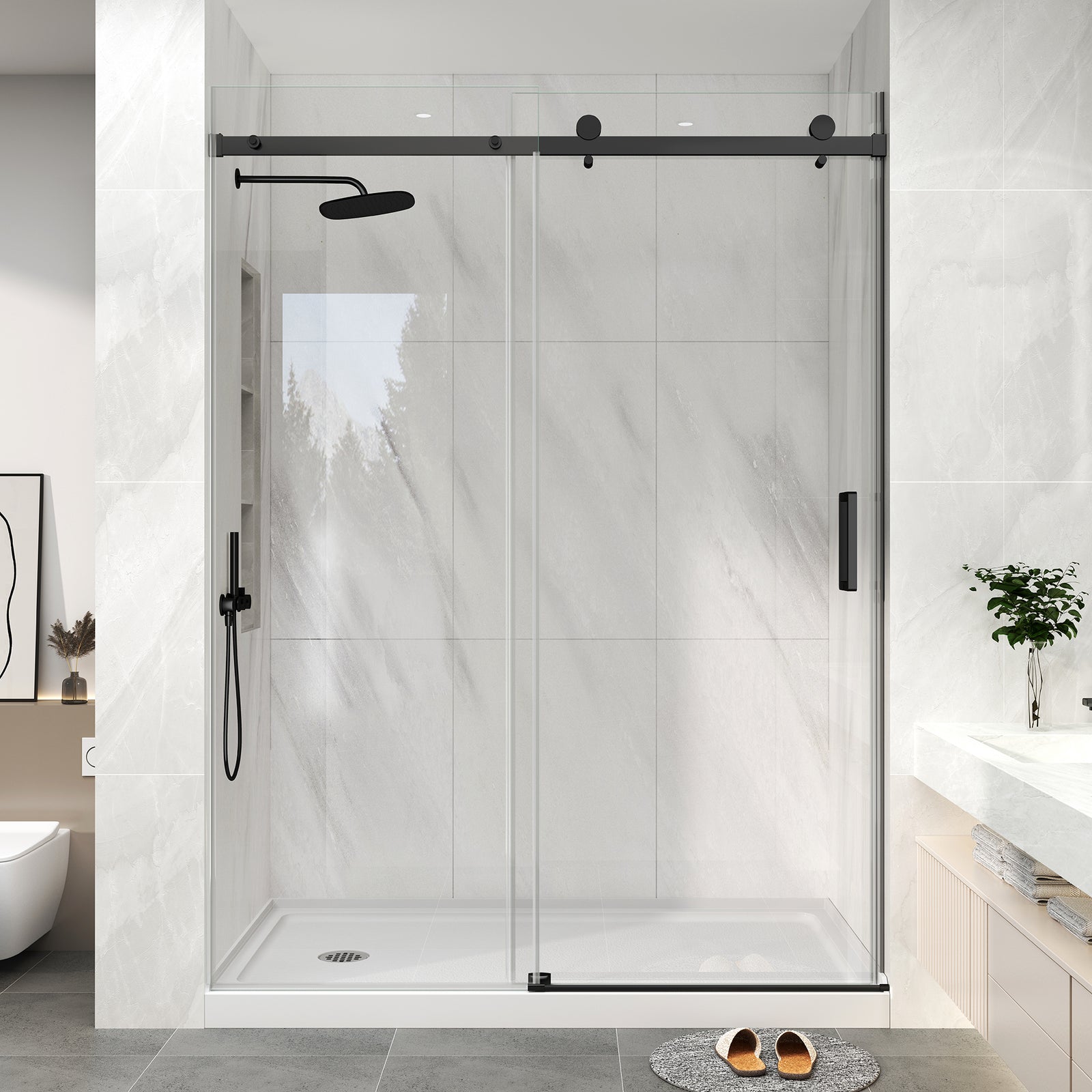 Matte Black Frameless Shower Door, 55–60 in. W x 76 in. H, Sliding Glass Shower Door, Model S9711B