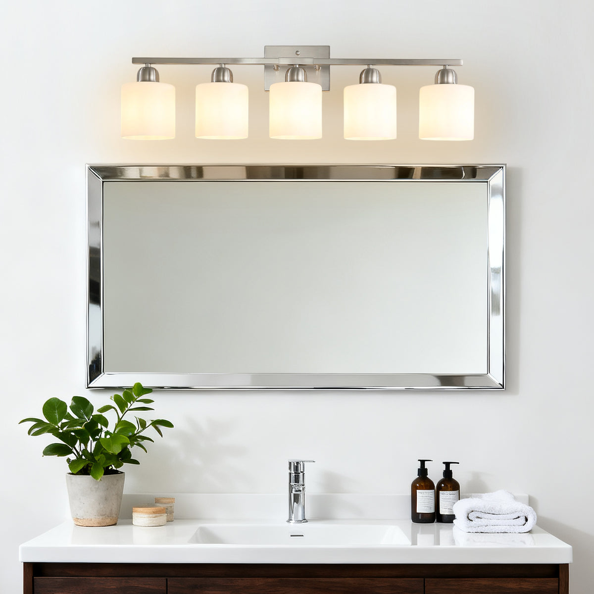 Modern 5-Light Bathroom Fixture with Nickel Finish and Milky White Glass Shade, Wall Sconces Lighting for Bathrooms, Bedrooms and Hallways (No Bulbs)