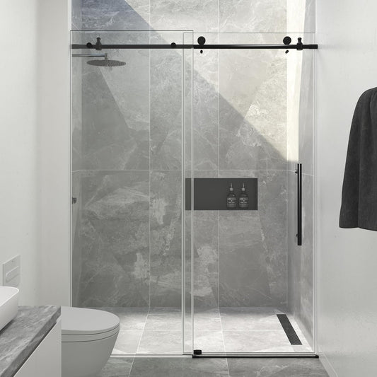 Frameless Shower Door, 50"-54" W x 76" H Sliding Glass Shower Door with 1/4" (6mm) Clear SGCC Tempered Glass, Silent Soft-Close Design, Stainless Steel Frame, Matte Black