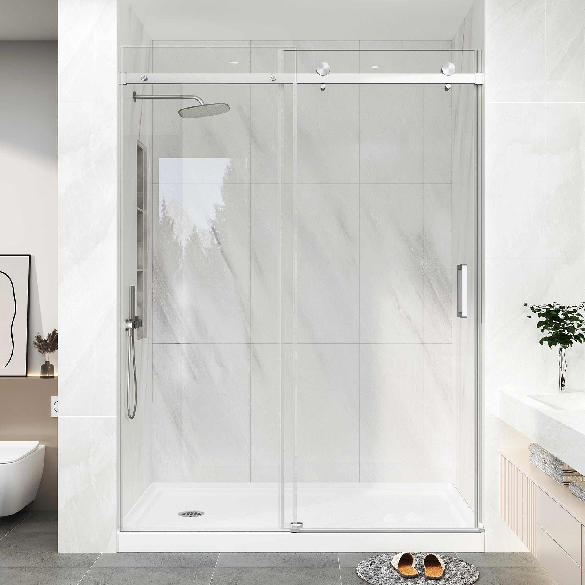 Porte de douche sans cadre en or brossé, 140-152 cm L x 193 cm H, porte de douche coulissante en verre, modèle S9711B