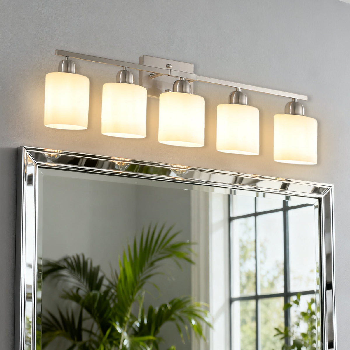 Modern 5-Light Bathroom Fixture with Nickel Finish and Milky White Glass Shade, Wall Sconces Lighting for Bathrooms, Bedrooms and Hallways (No Bulbs)