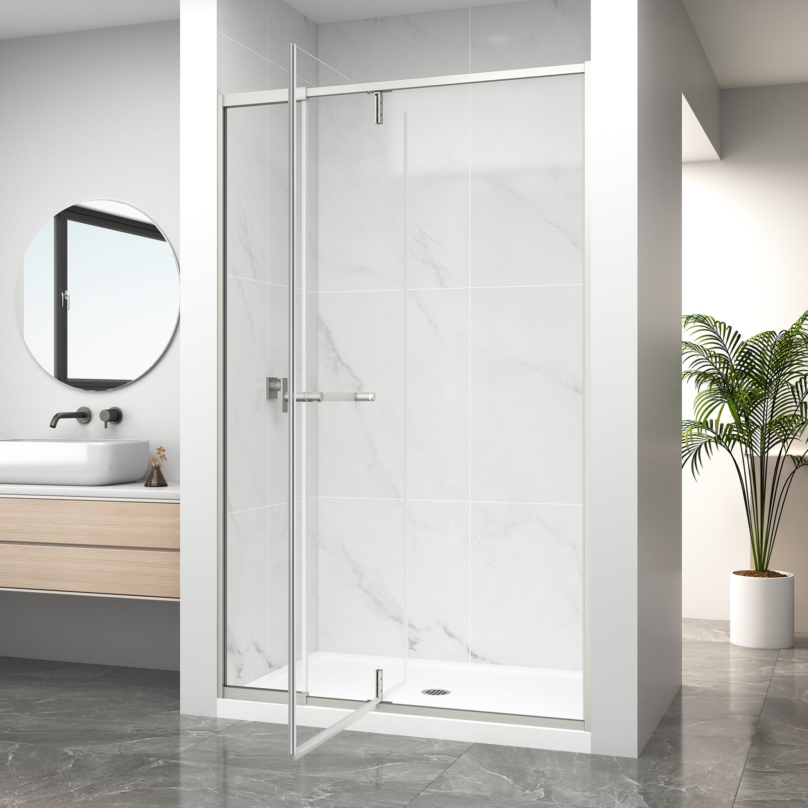 Semi-Frameless Pivot Shower Door Series – Adjustable 36"–48" W x 72" H Glass Shower Door
