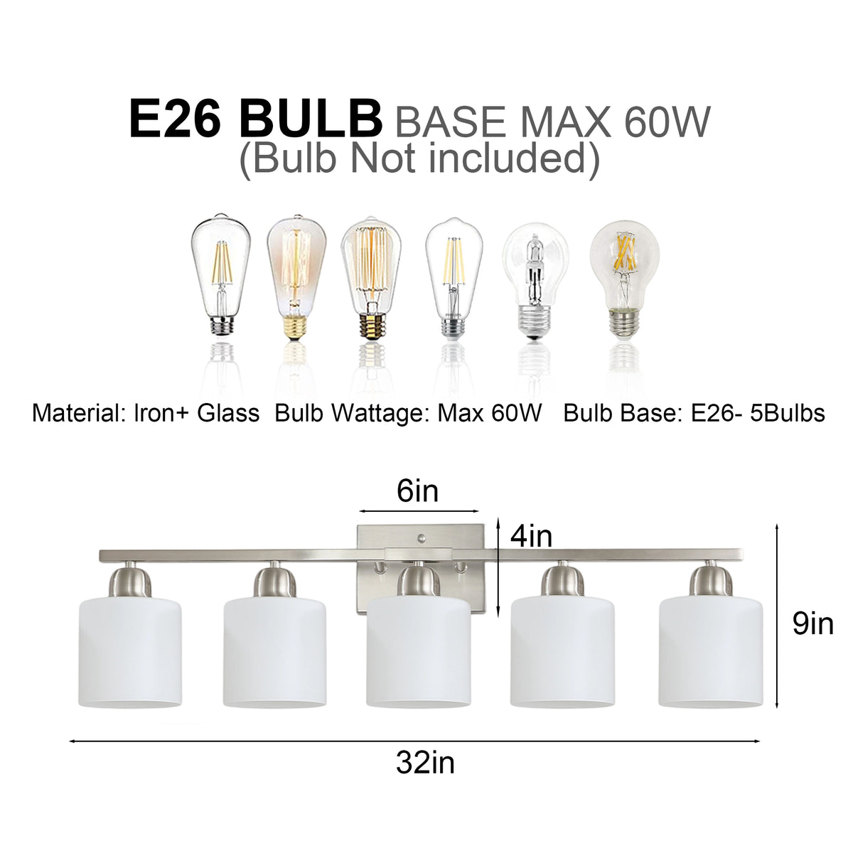 Modern 5-Light Bathroom Fixture with Nickel Finish and Milky White Glass Shade, Wall Sconces Lighting for Bathrooms, Bedrooms and Hallways (No Bulbs)
