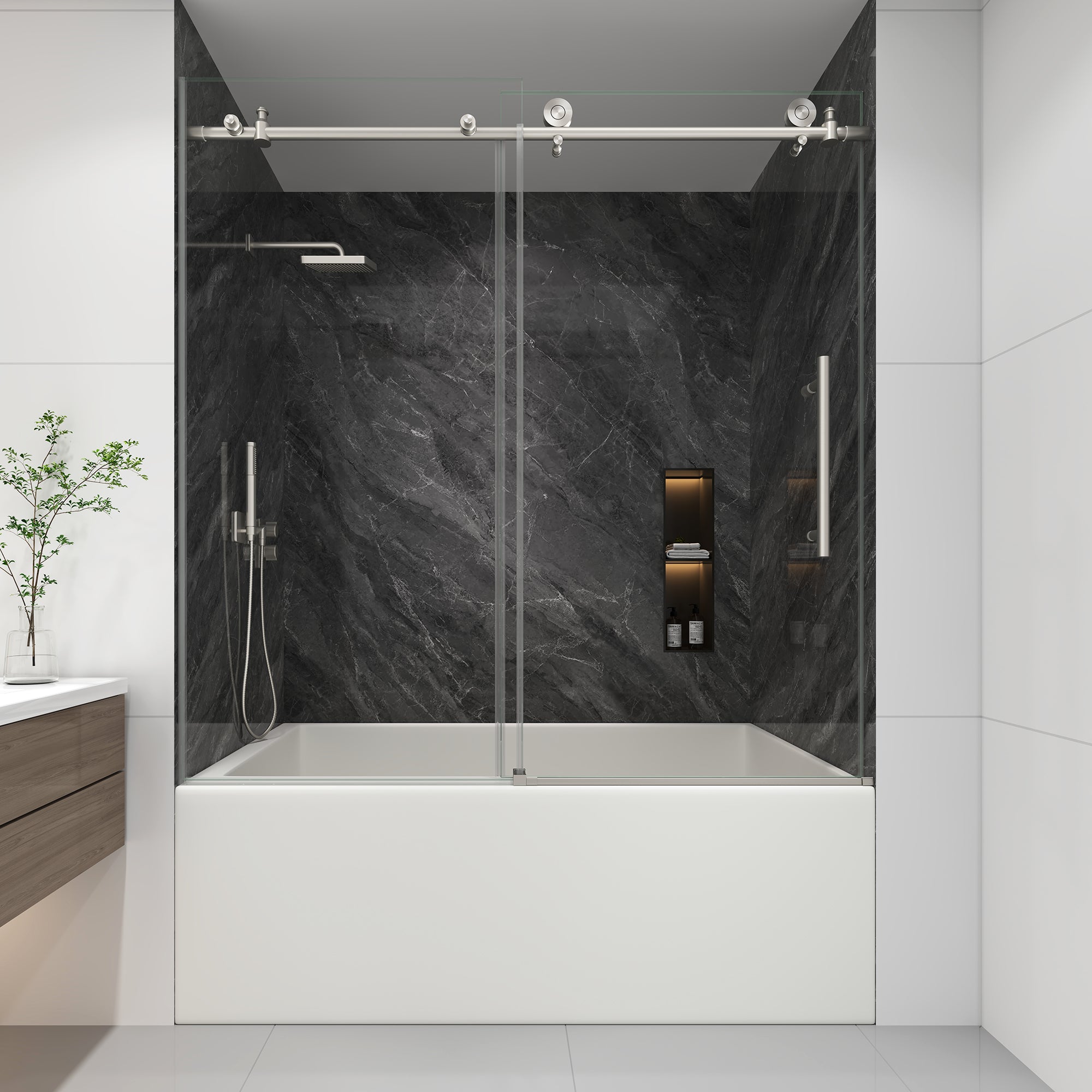 KPUY Frameless Stainless Steel Sliding Bathtub Door, 1/4" Tempered Glass, Brushed Nickel – 49–54" & 55–60" W x 60" H