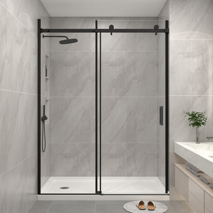 KPUY 9711 Frameless Shower Door, 50-54" W x 76" H Sliding Glass Shower Door, 1/4" (6mm) Thick Tempered Clear Glass with Explosion-Proof Film Nano Coating in Matte Black Finish