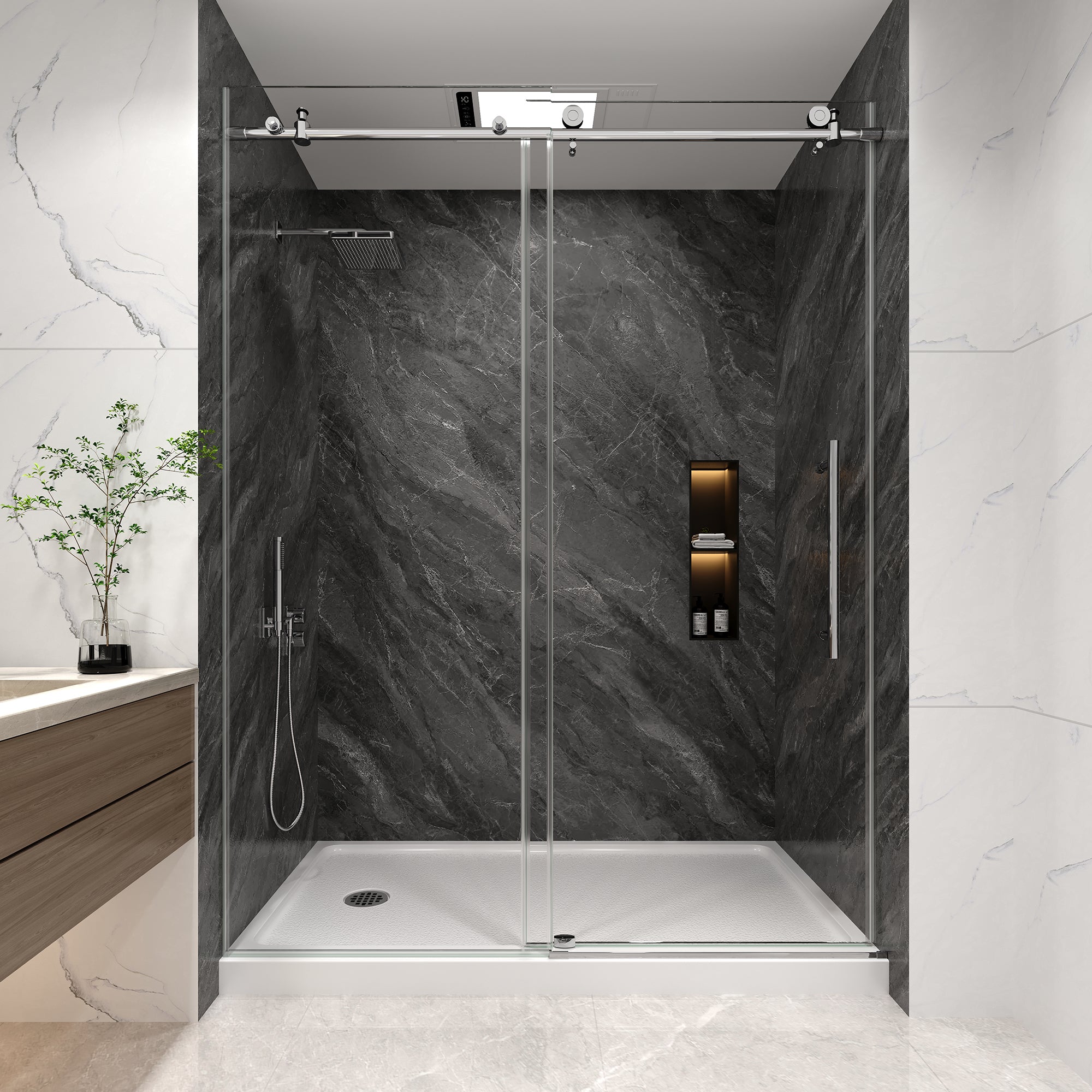 KPUY Frameless Sliding Shower Door, 1/4" Tempered Glass, Chrome – 76" H