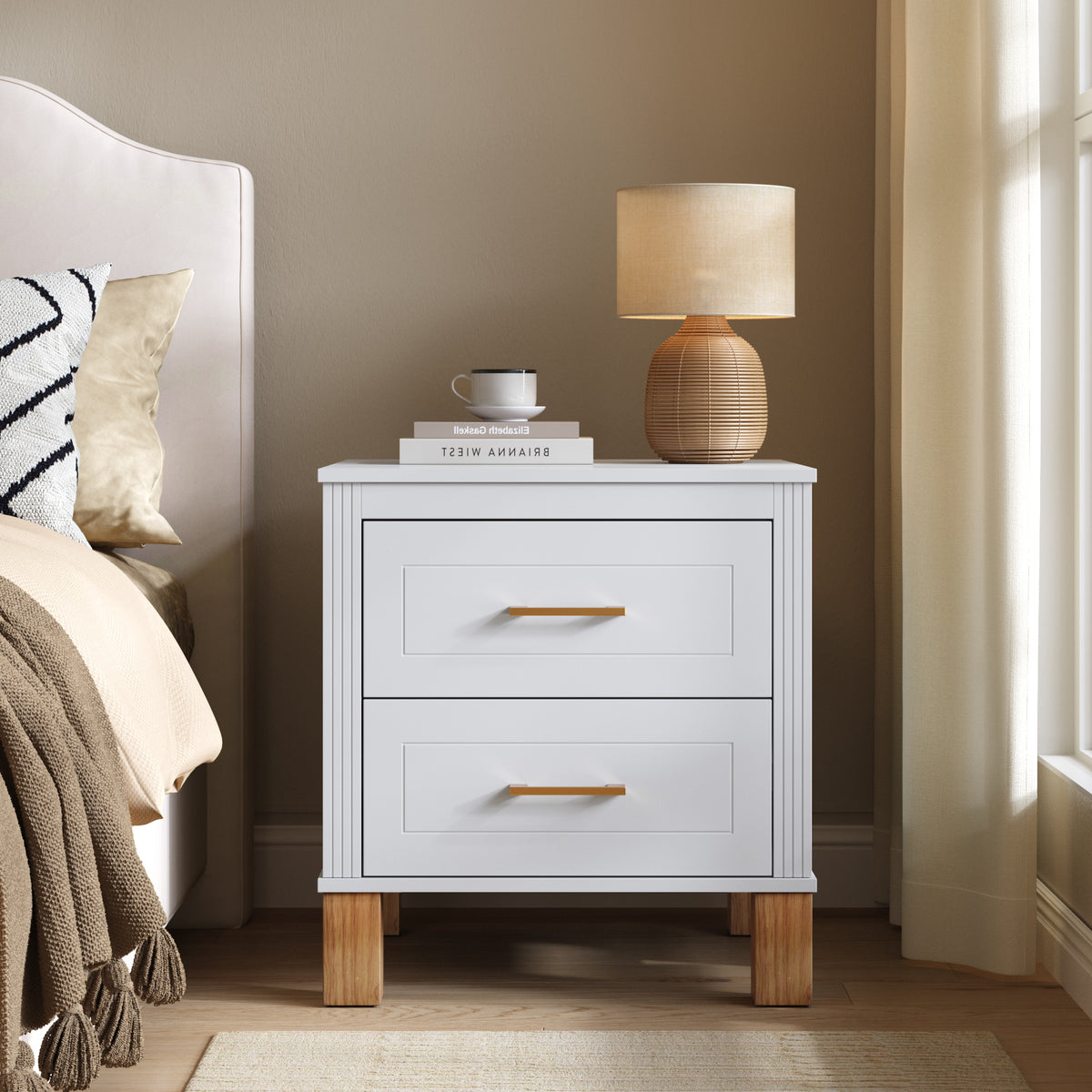 KPUY&HOME Fluted 2-Drawer Nightstand with Solid Wood Legs & Metal Handles, Tall Bedside Table with Storage, White