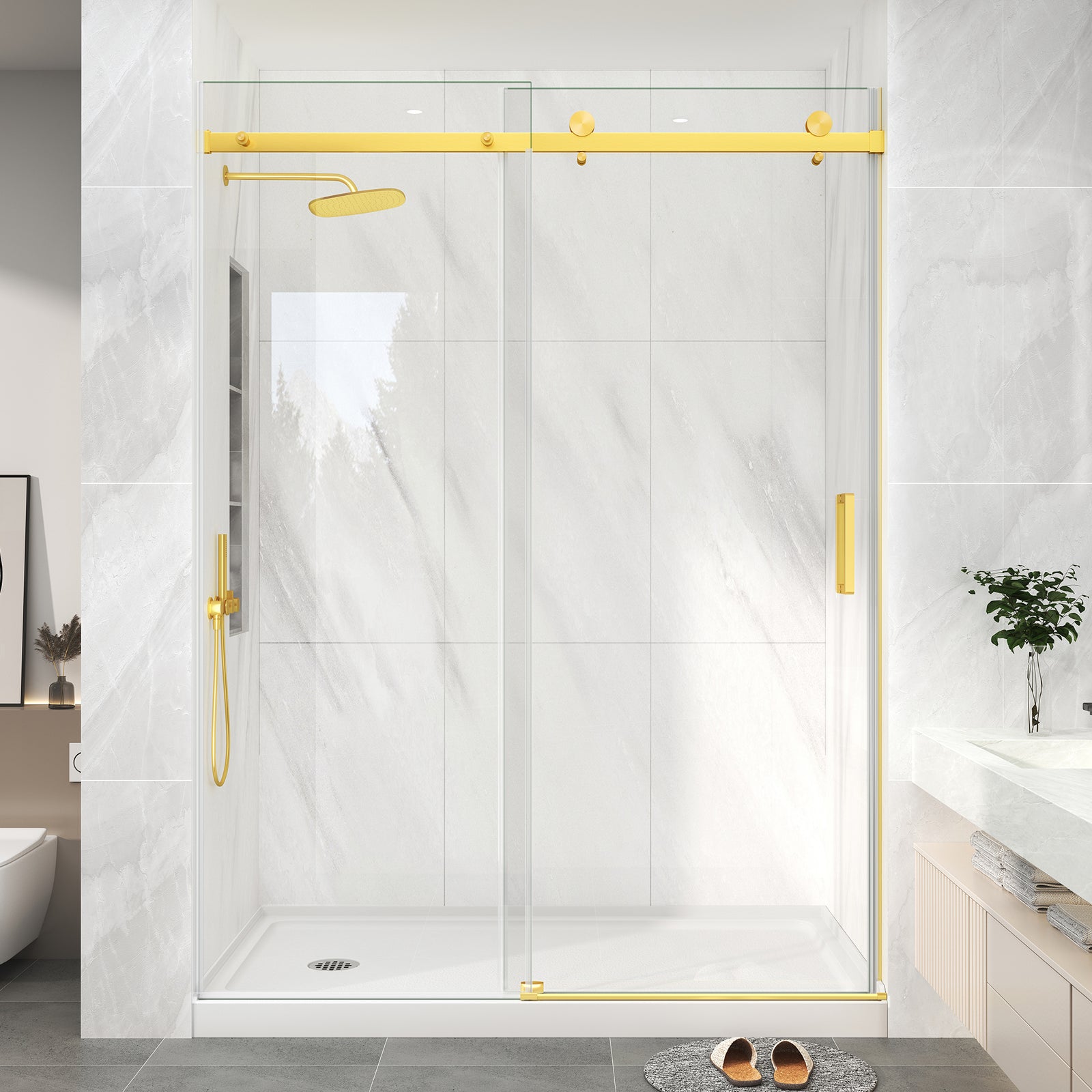 Brushed Gold Frameless Shower Door, 55–60 in. W x 76 in. H, Sliding Glass Shower Door, Model S9711B