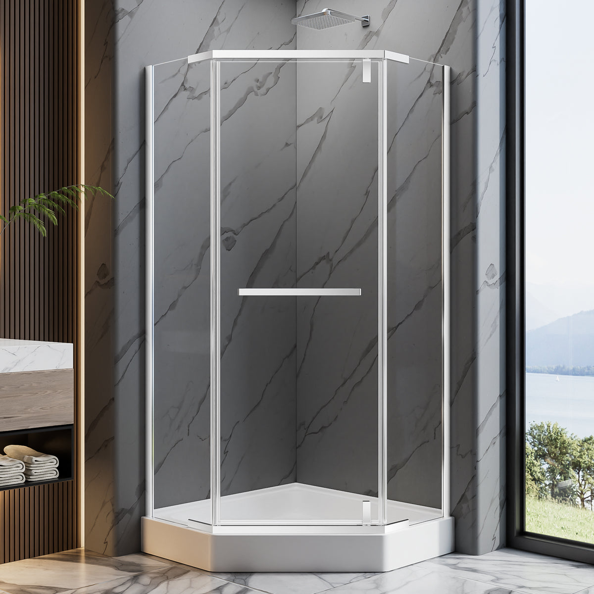 36"D X 36"W X 72"H Neo-Angle Shower Door, Corner Shower Door, 1/4" Tempered Glass With Explosion-Proof Film, Chrome Stainless Steel Frame