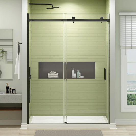 Frameless Shower Door, 50-54" W x 76" H Sliding Glass Shower Door with 1/4" (6mm) Clear Tempered Glass, Reversible Installation, Matte Black