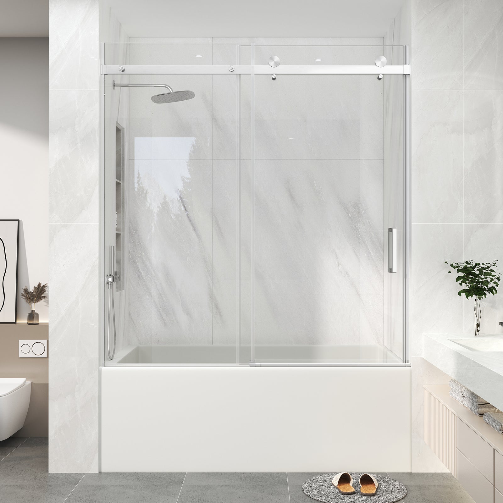 KPUY Frameless Sliding Bathtub Door, 60" H, 1/4" Tempered Glass, Brushed Nickel