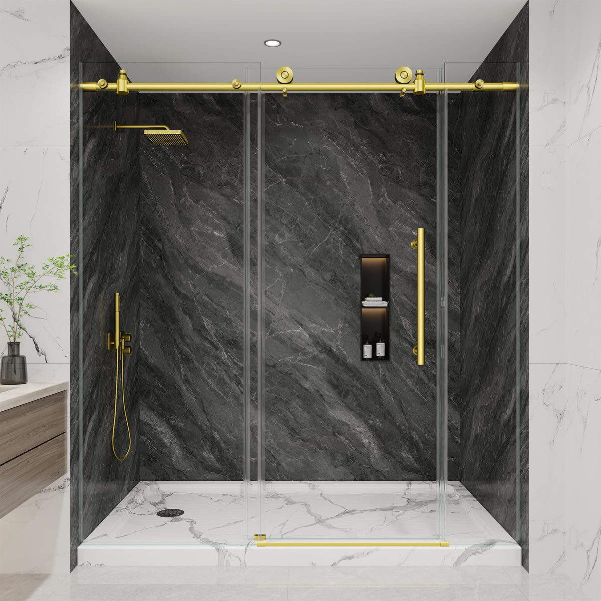 KPUY Frameless Sliding Shower Door, 1/4" Tempered Glass, Brushed Gold – 76" H
