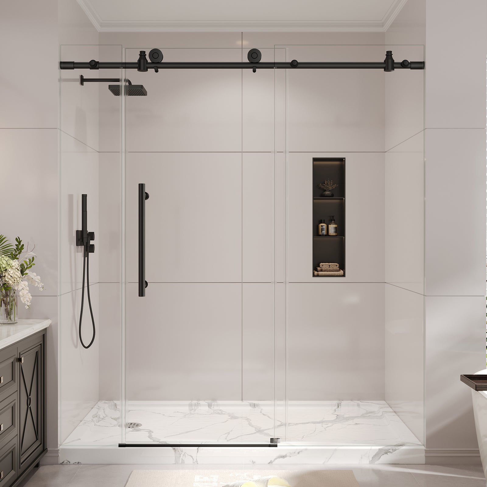 KPUY Frameless Sliding Shower Door, 1/4" Tempered Glass, Matte Black – 76" H