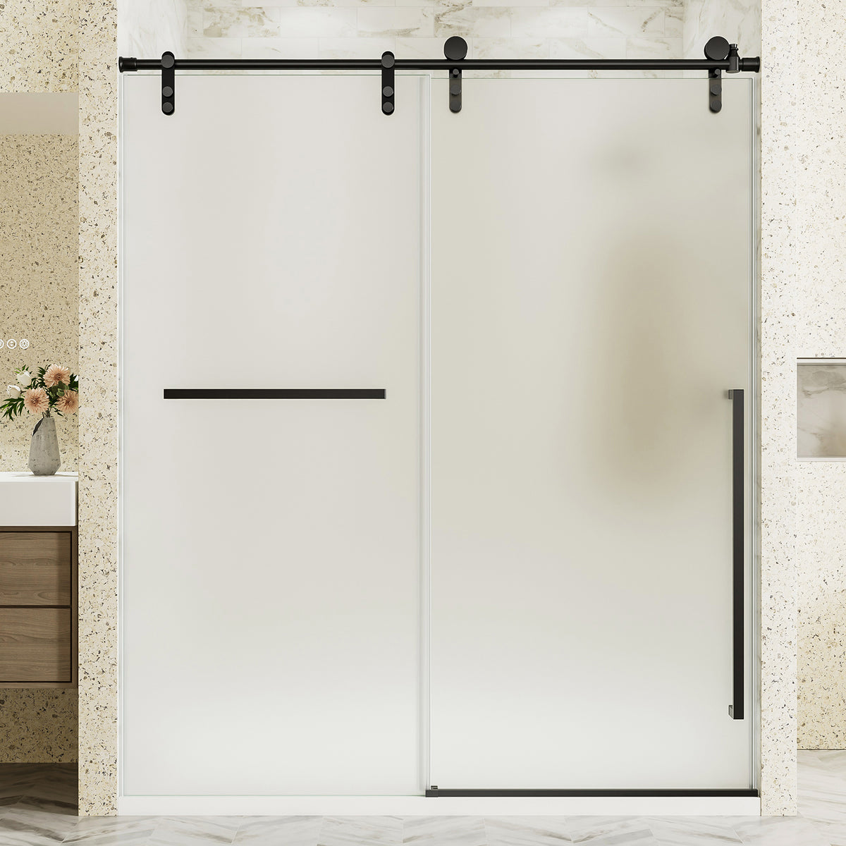 56"-60" W x 75" H Frameless Sliding Shower Door, Matte Black Shower Screen, 5/16" (8mm) Frosted Ultra-Clear Nano-Coated Tempered Glass