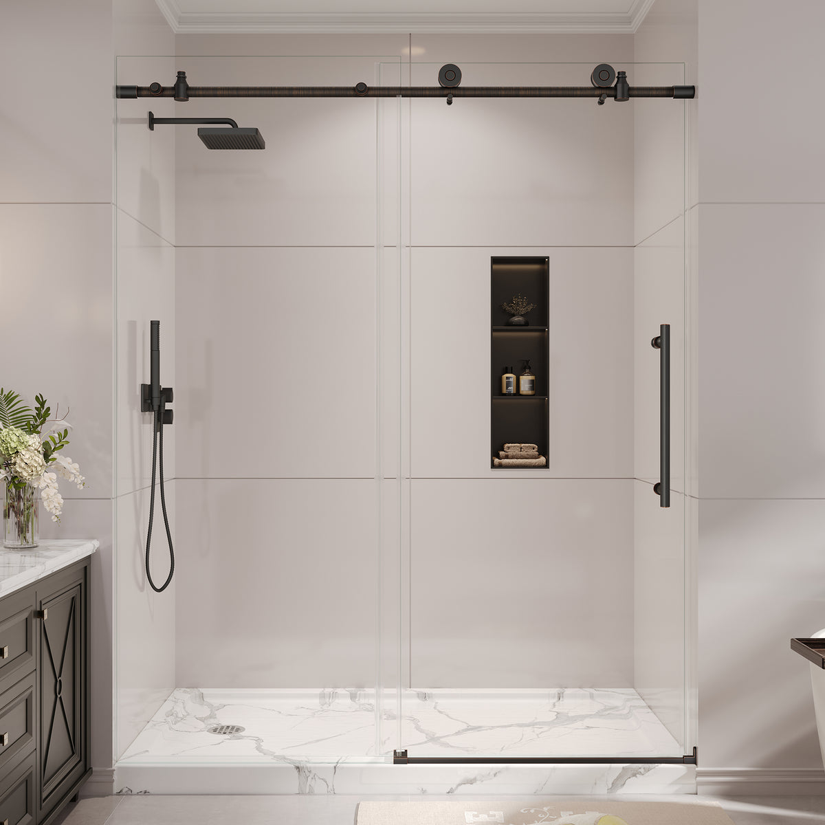 KPUY Frameless Sliding Shower Door, 1/4" Tempered Glass, Oil Rubbed Bronze – 76" H