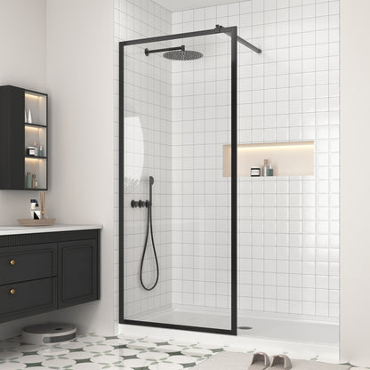KPUY Shower Glass Panel, 34'' x 74'' H Shower Screen, 1/4" (6mm) Thick Tempered Clear Glass, Fixed Shower Door with Explosion-Proof Film in Matte Black