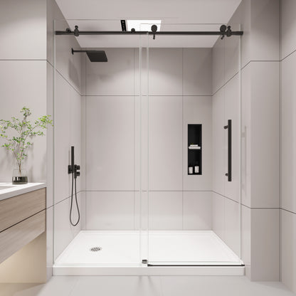 KPUY S9811B Frameless Shower Door, 44-48" W x 76" H Sliding Glass Shower Door, 1/4" (6mm) Thick Tempered Clear Glass with Explosion-Proof Film Nano Coating, Stainless Steel Hardware, Matte Black
