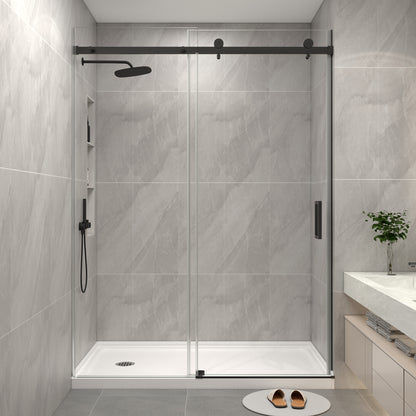 KPUY S9711B Frameless Shower Door, 44-48" W x 76" H Sliding Glass Shower Door, 1/4" (6mm) Thick Tempered Clear Glass with Explosion-Proof Film Nano Coating in Matte Black Finish