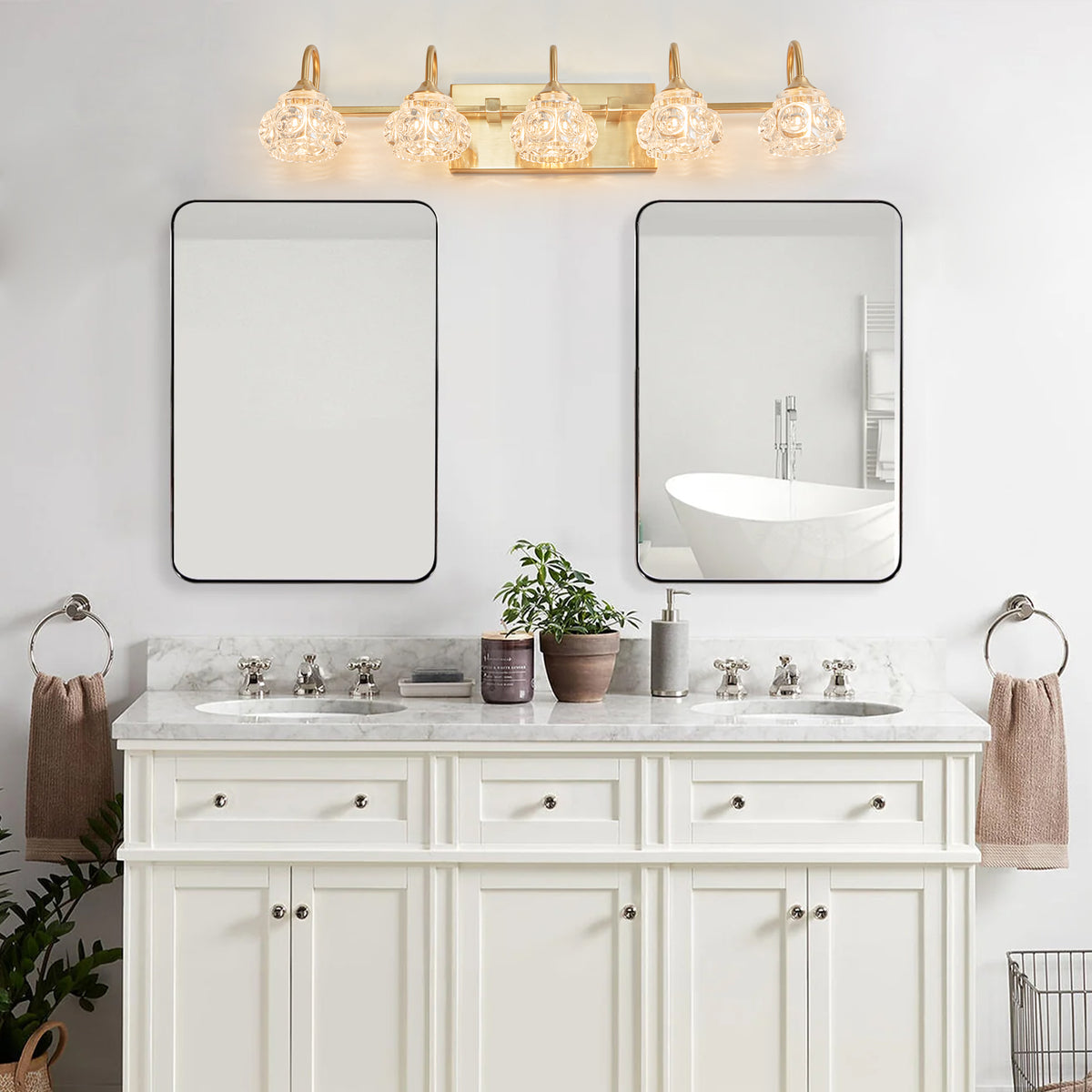 29" Modern Crystal Bathroom Vanity Light, 5-Light Golden Wall Sconce with Clear Glass Shade, Elegant Wall Mount Lighting for Bathroom, Powder Room, or Vanity Mirror (No Bulbs)