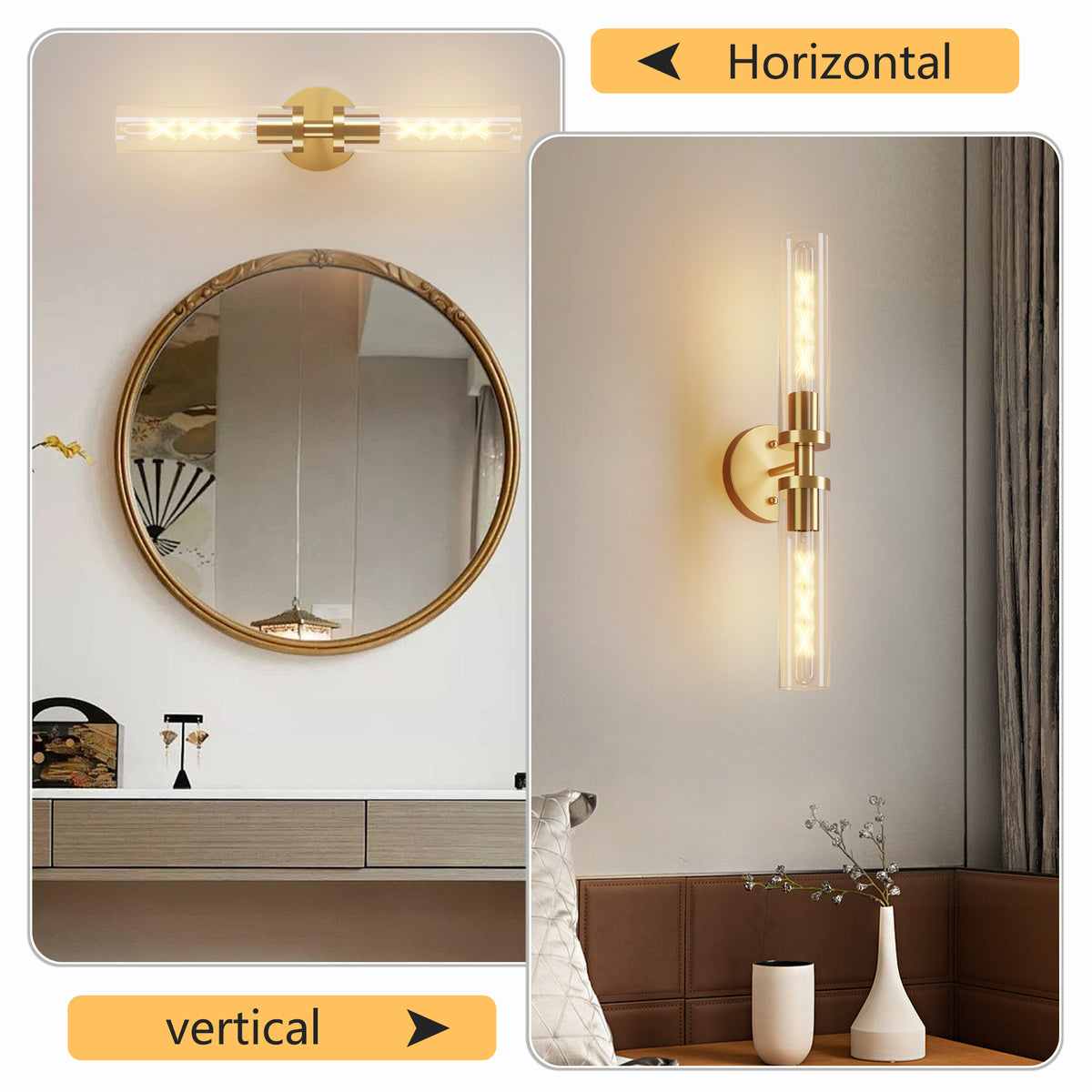 Wall Sconces Set of Two, Hardwired Gold Bathroom Sconces Wall Lighting with Clear Glass, Modern Sconces Wall Decor Set of 2 Wall Light fixtures for Bathroom Mirror Hallway (Bulbs Not Included)