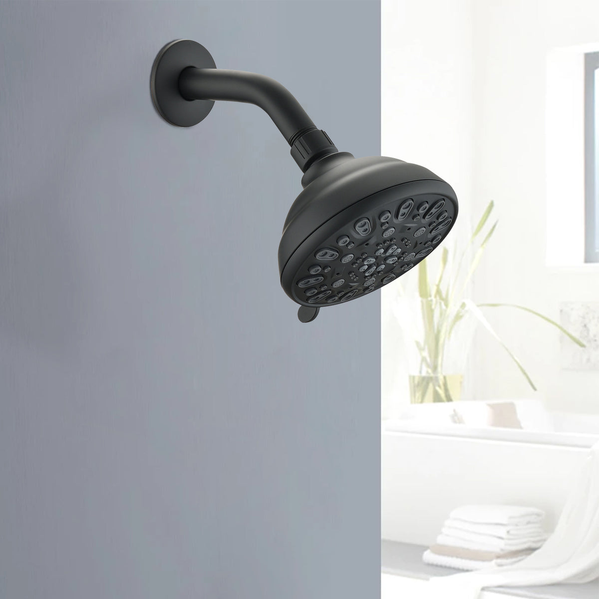 Matte Black high pressure 6-setting 4" shower head - Angle adjustable, clog-proof shower head