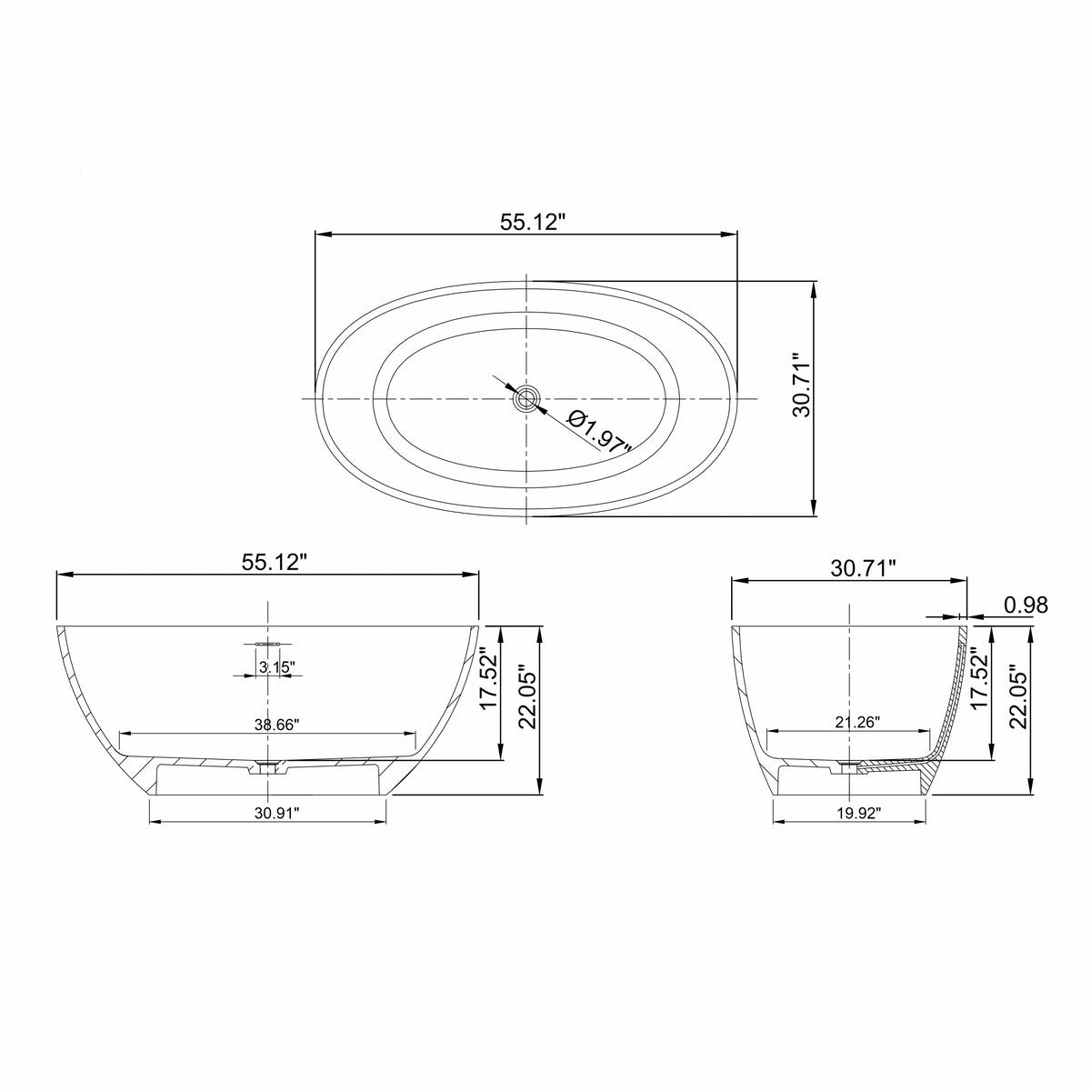55 inch freestanding solid surface soaking bathtub for bathroom