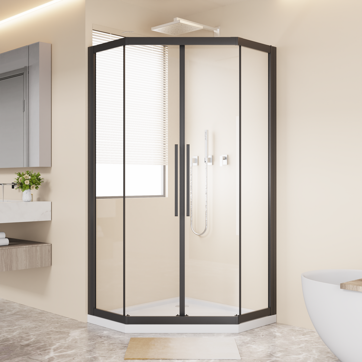 Neo-Angle Sliding Shower Enclosure 36"x72", 1/4" Clear Tempered Glass Diamond Shaped Shower Door, Double Rollers & Stainless Steel Handles, Black