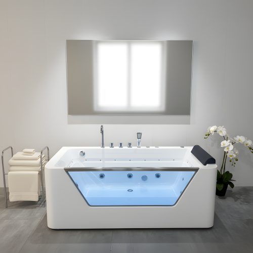 KPUY 67 Inch Whirlpool Bathtub with Glass Panel | 7 Hydro-Massage Jets & LED Lights