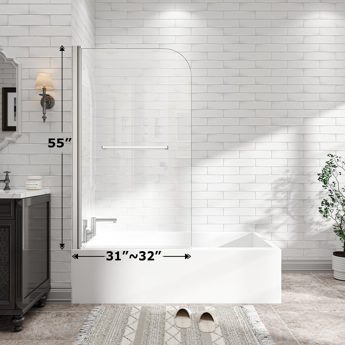 KPUY 32" x 55" Frameless Bathtub Screen | 180° Pivot Shower Door | Reversible