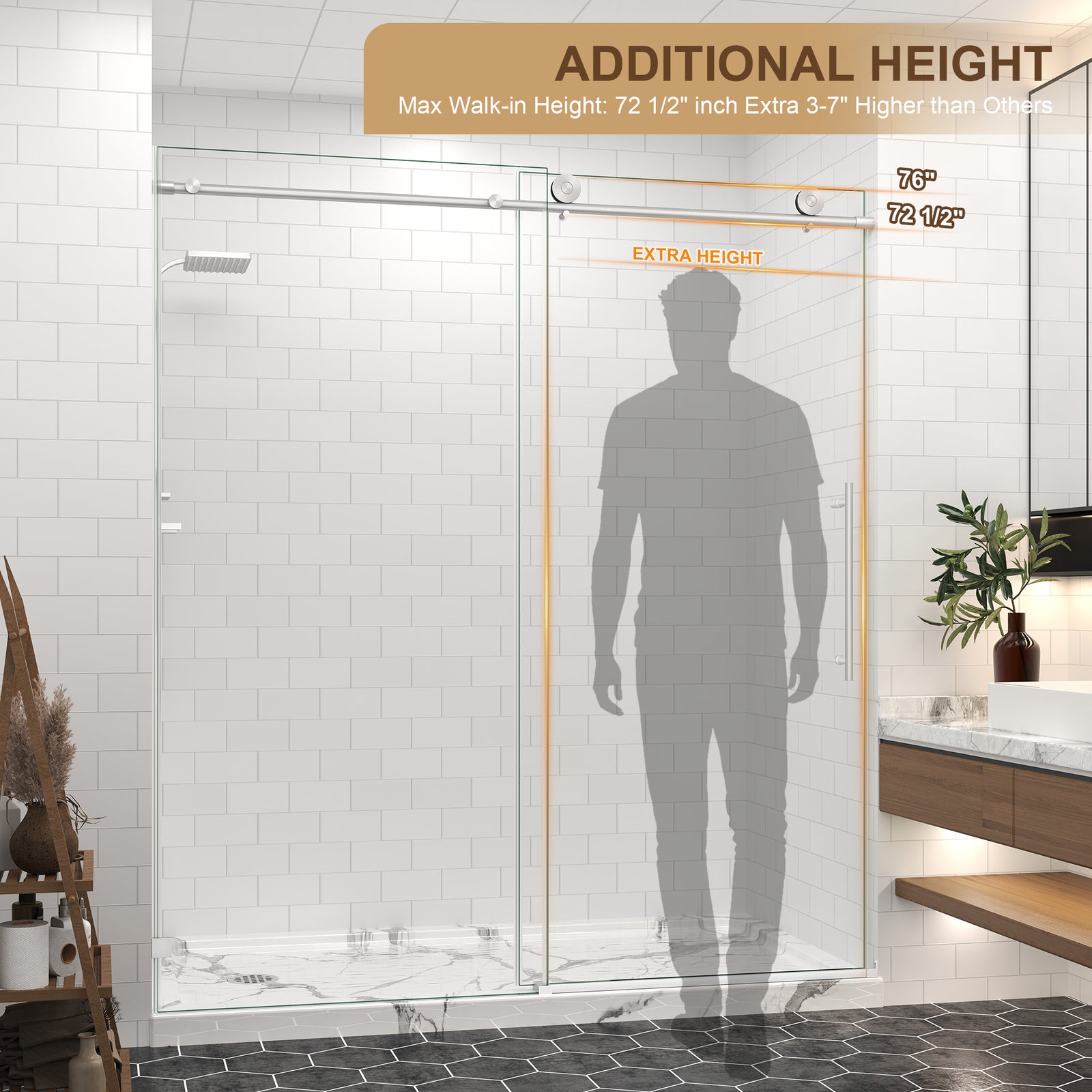 55–60, 61–65 & 67–72 in. W x 76 in. H Frameless Sliding Shower Door, 5/16 in. Clear Glass – Brushed Nickel